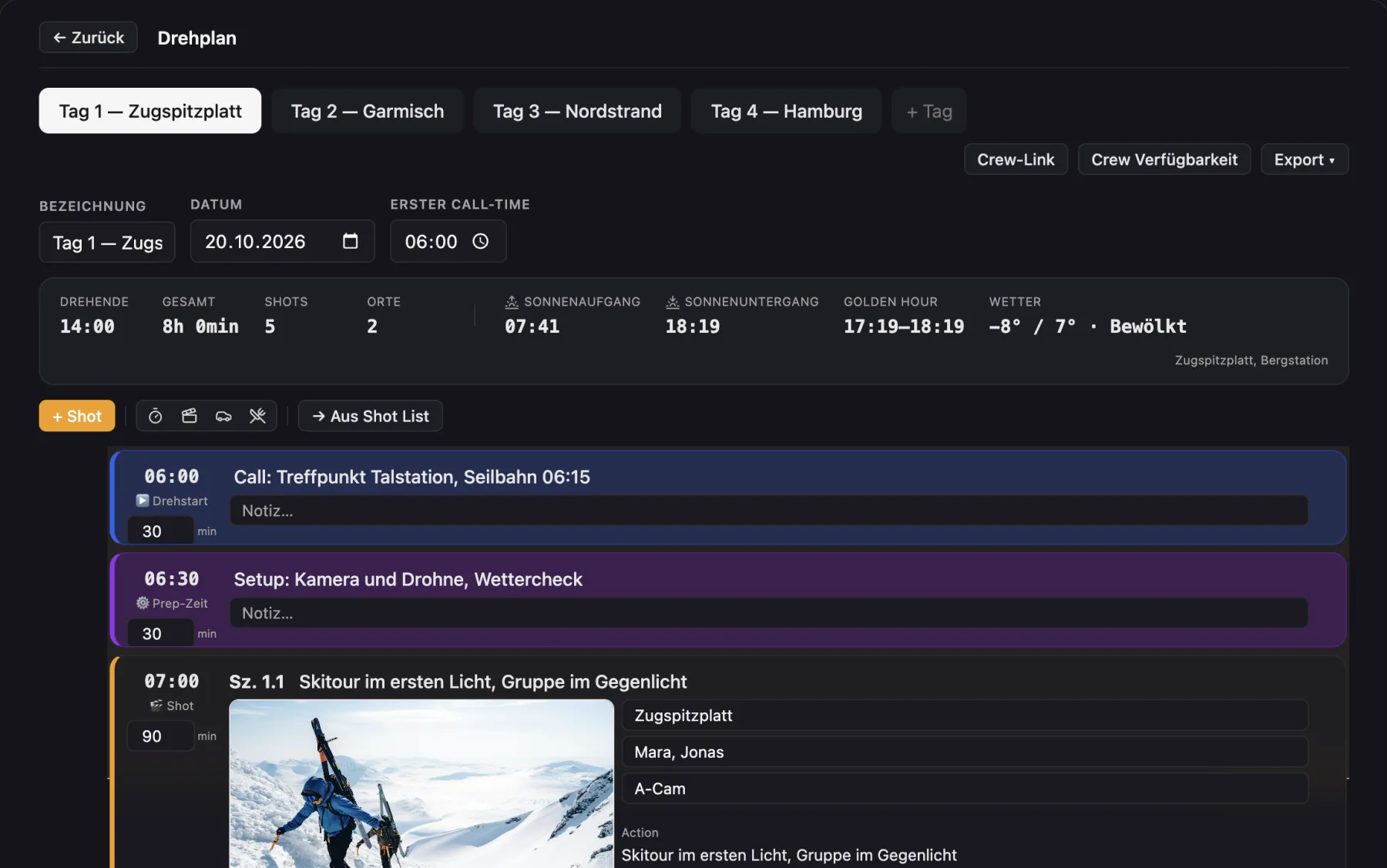 Cinedash Drehplan