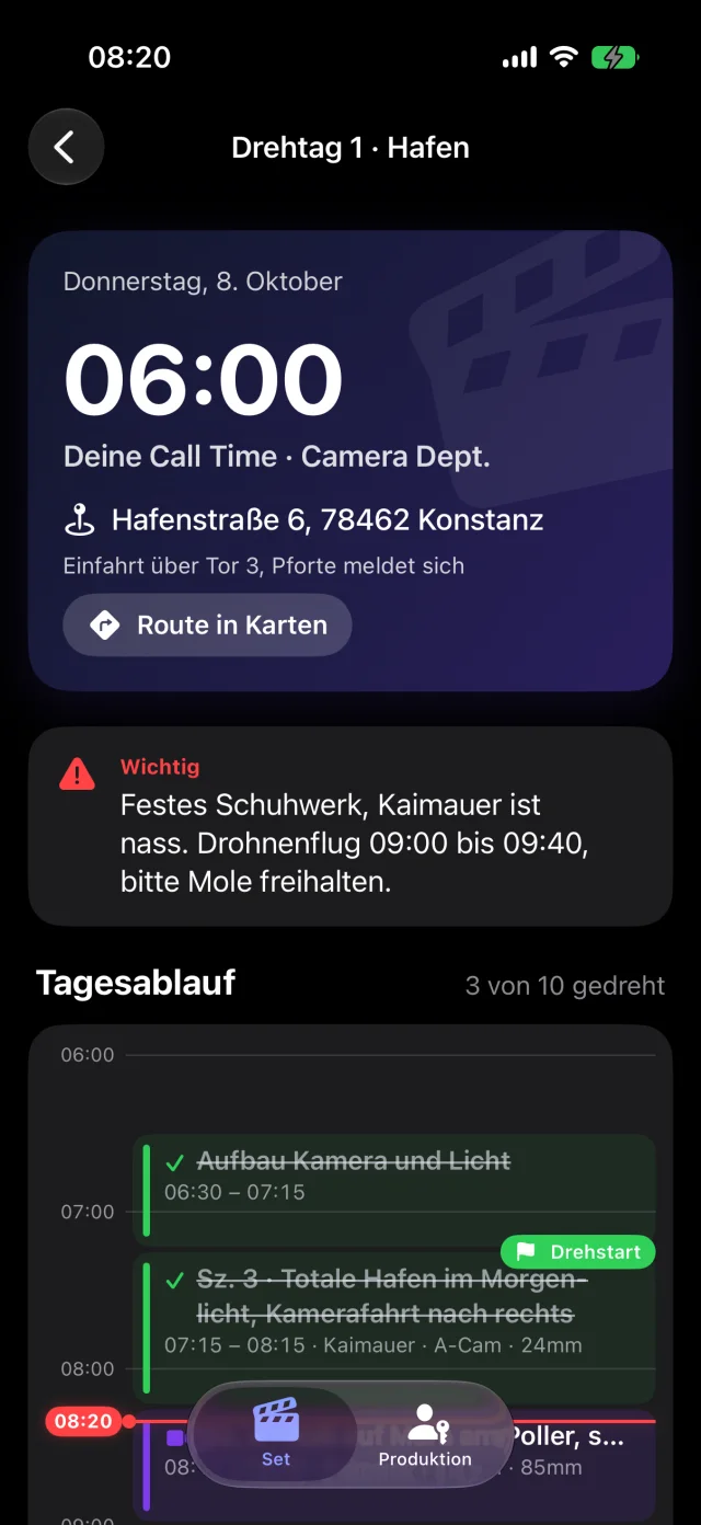 Cinedash Set: persönliche Call Time mit Route