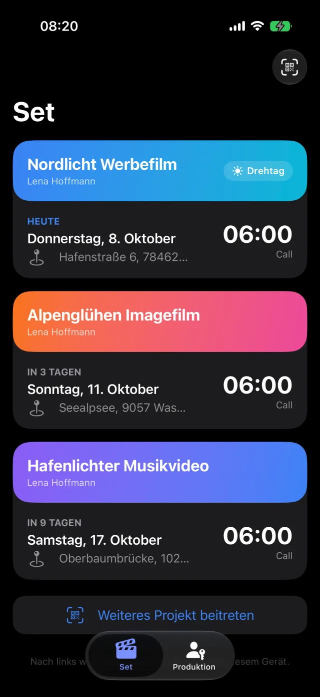 Cinedash Set: alle Drehs in einer Liste