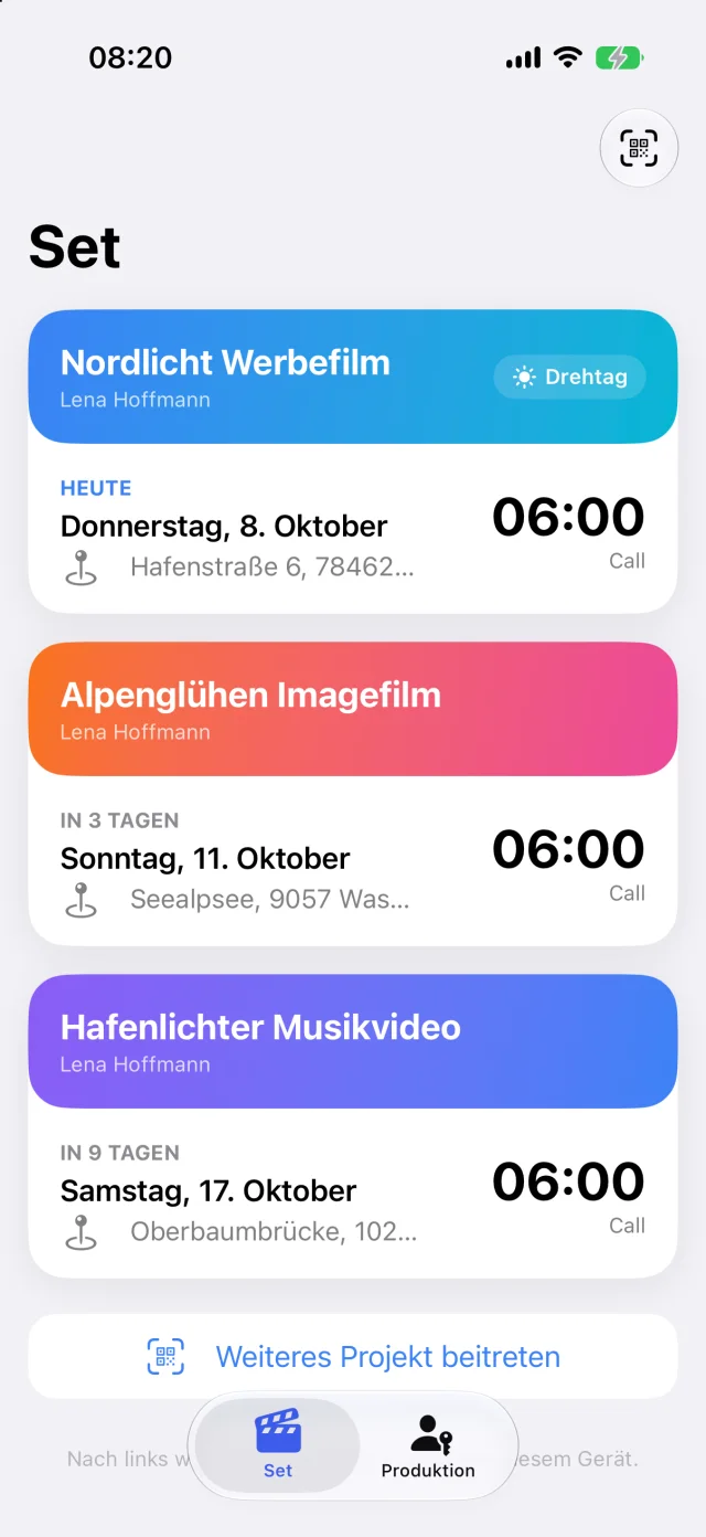 Cinedash Set: alle Drehs in einer Liste