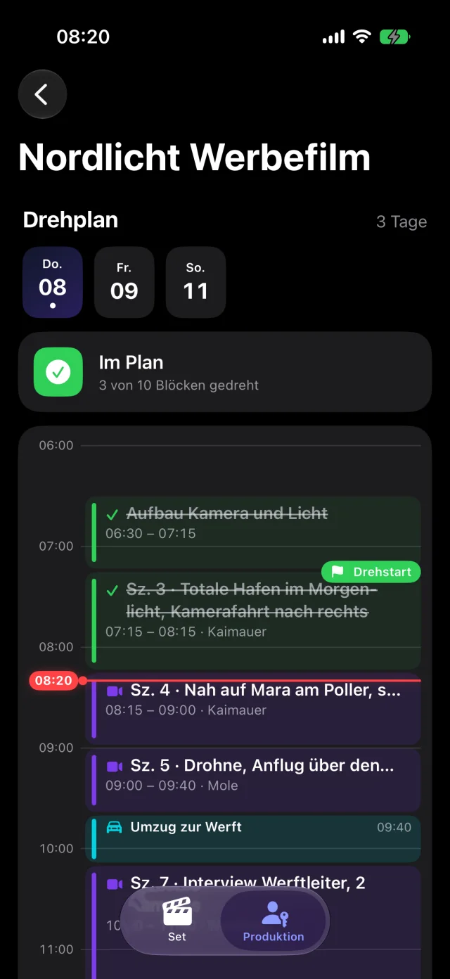 Cinedash Set: Drehplan live mit Jetzt Linie