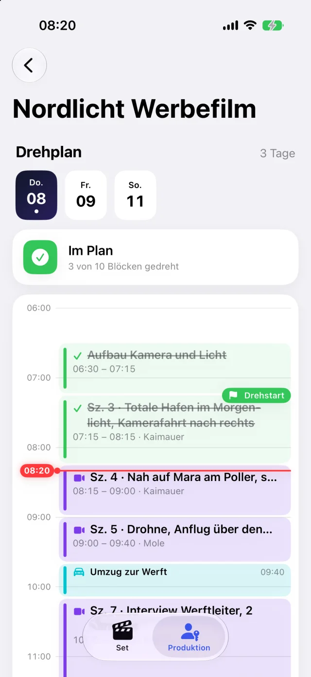 Cinedash Set: Drehplan live mit Jetzt Linie
