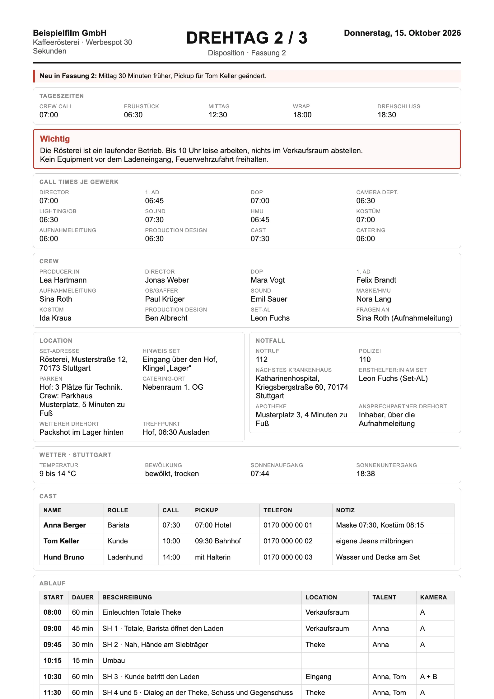 Ausgefüllte Dispo Vorlage: Tageszeiten, Wichtig Box, Call Times je Gewerk, Crew, Location, Notfall, Wetter und Cast